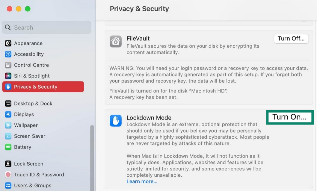 Mac System Settings Privacy & Security tab with the Turn On... button for Lockdown Mode highlighted.