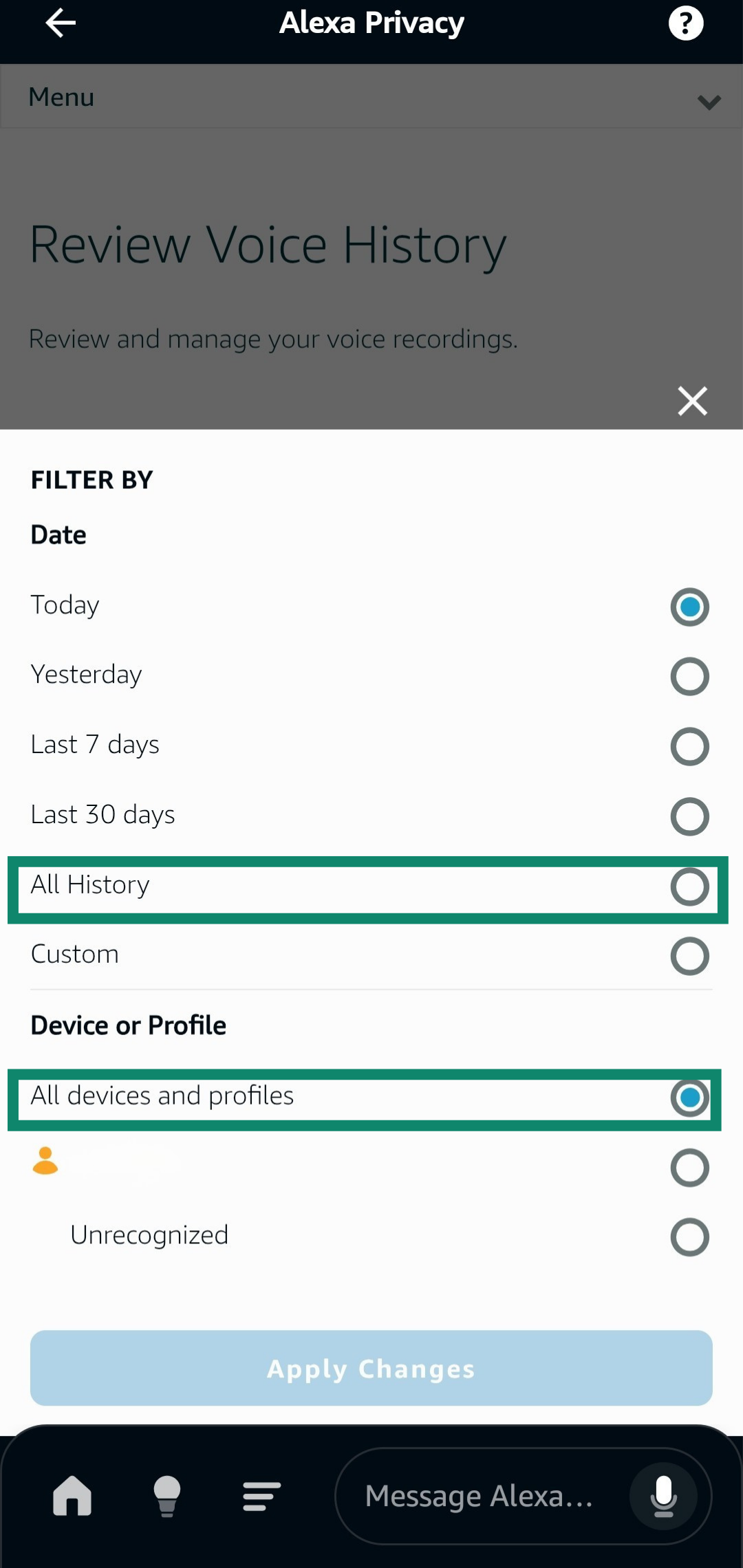 Selecting all voice history in the Review Voice History menu of the Alexa app.