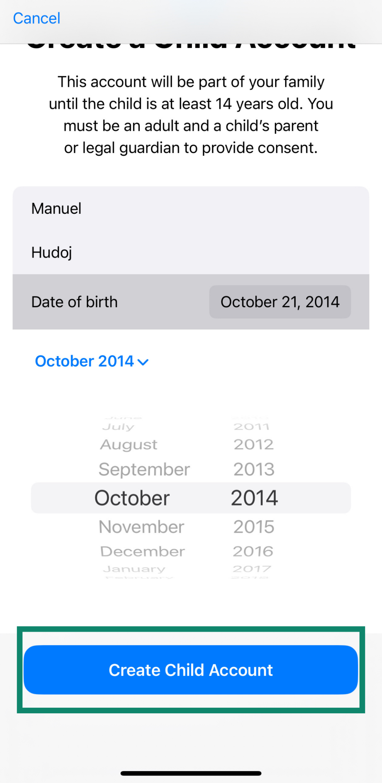 Options to invite family member or create child account on iPhone