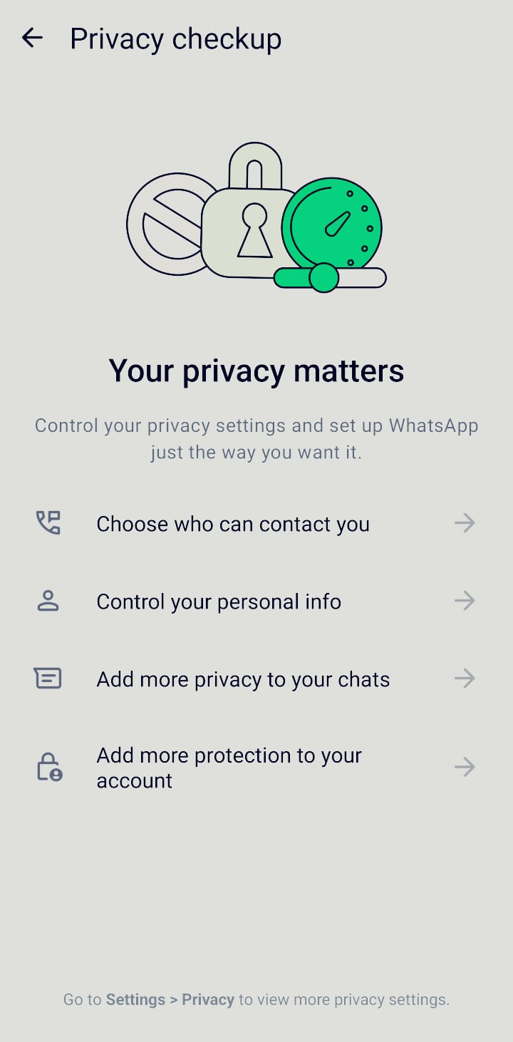 The main screen for WhatsApp’s Privacy Checkup, which lists four categories for review: Choose who can contact you, Control your personal info, Add more privacy to your chats, and Add more protection to your account.