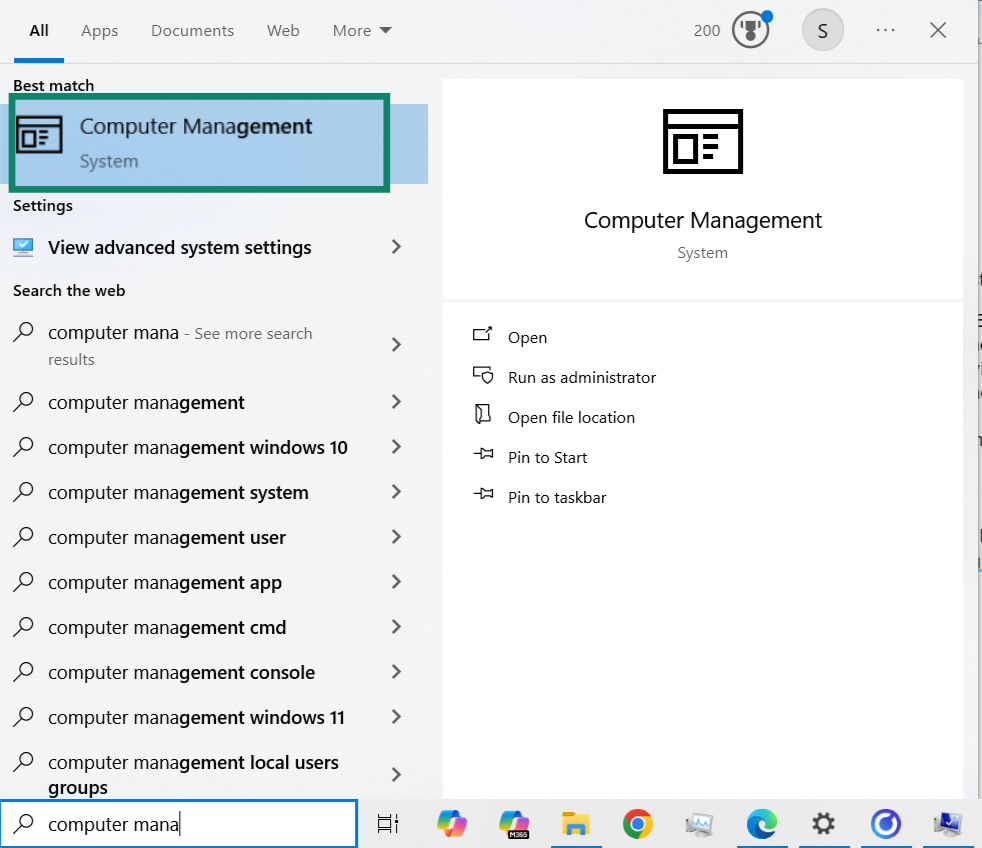 The Windows search bar showing the "Computer Management" settings.