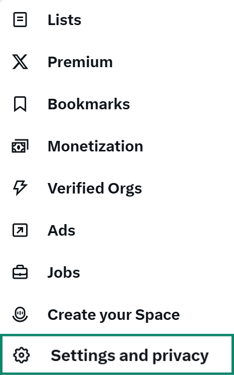 The main navigation menu for the X platform with the 