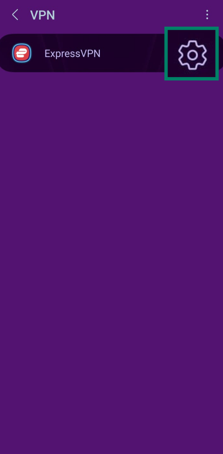 The Android system's VPN settings screen. ExpressVPN is listed as a VPN profile, and a settings gear icon to its right is highlighted.