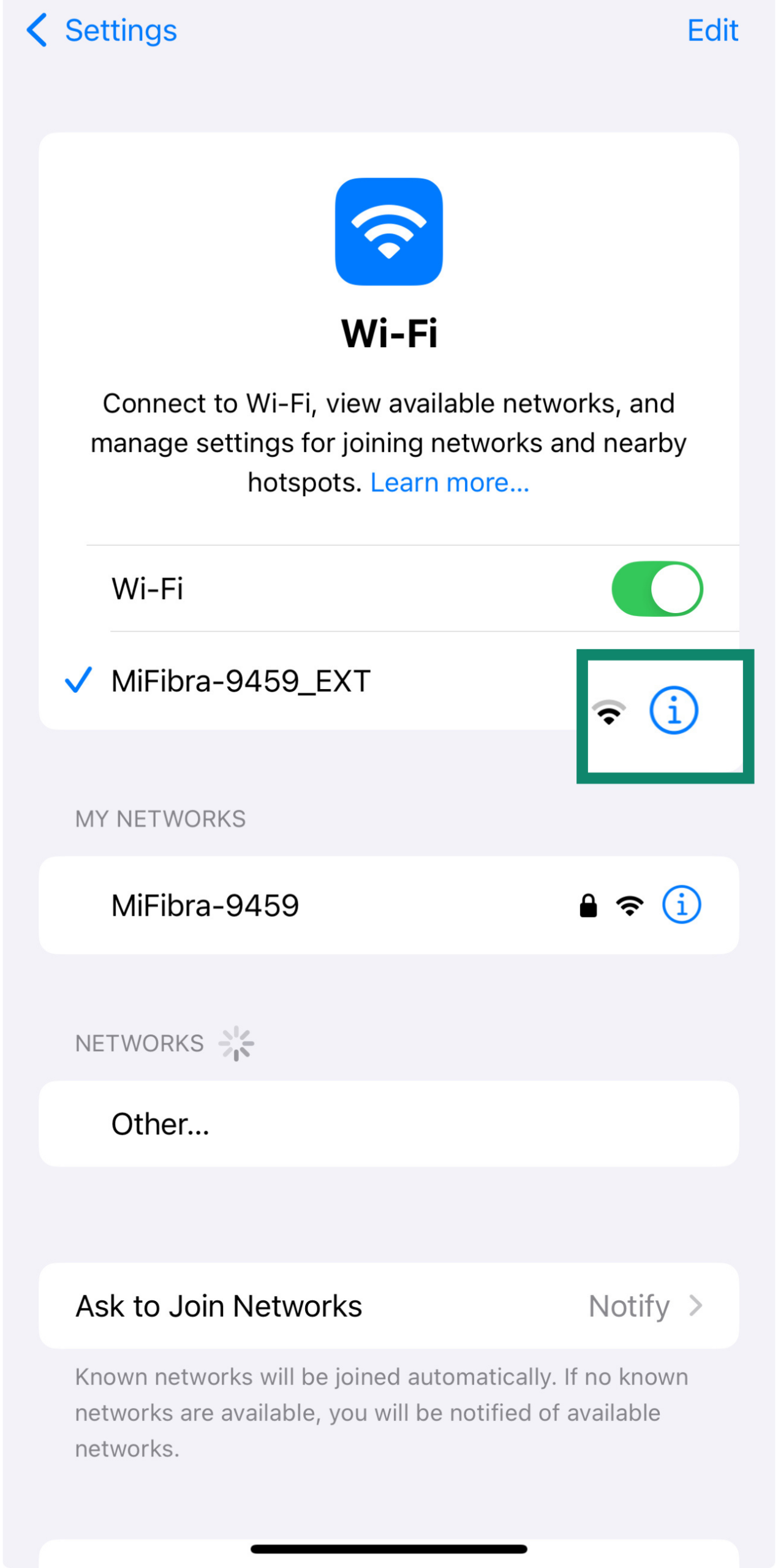 iPhone WiFi menu displaying connected network details