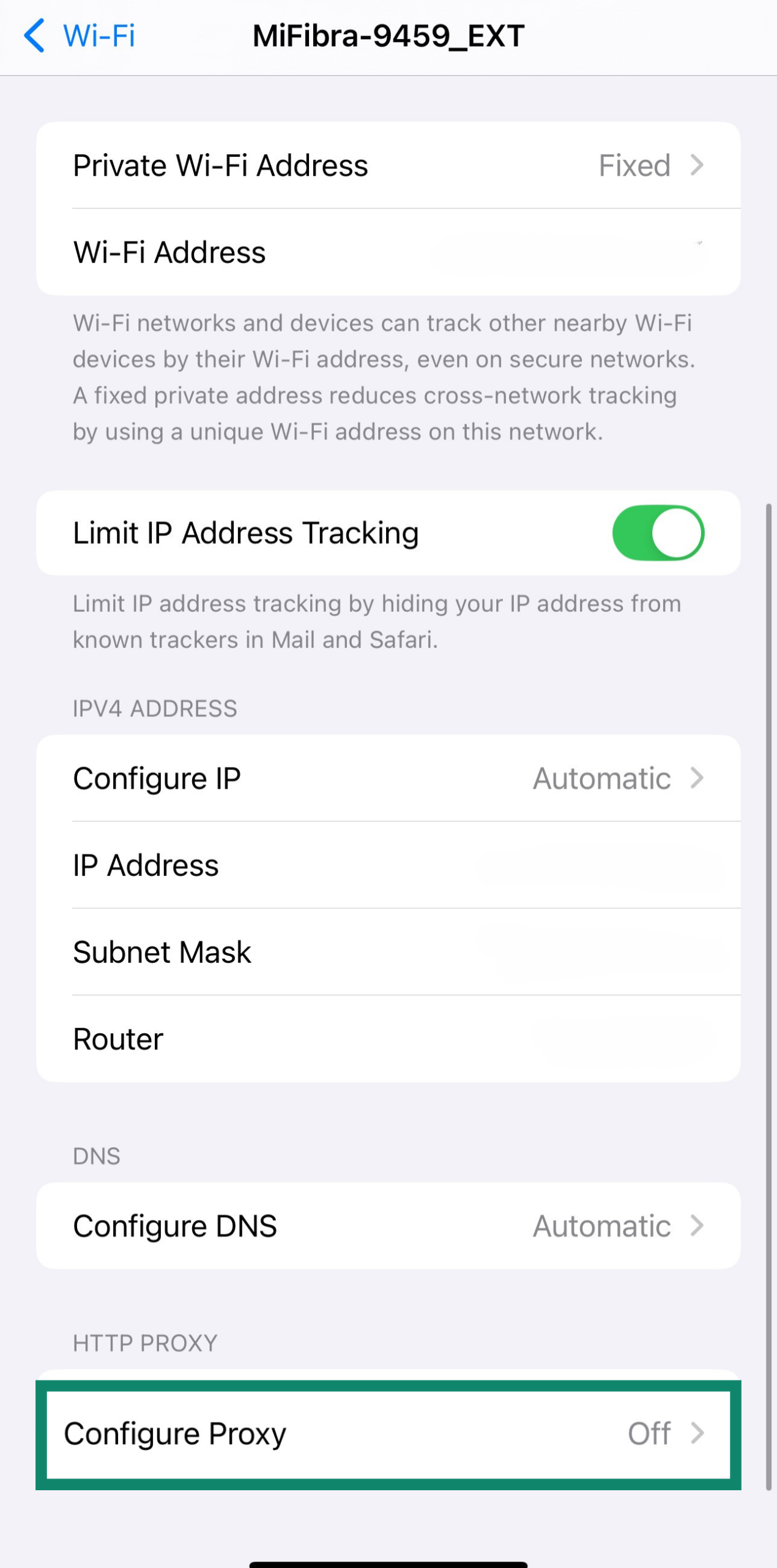Configure Proxy settings screen on iPhone