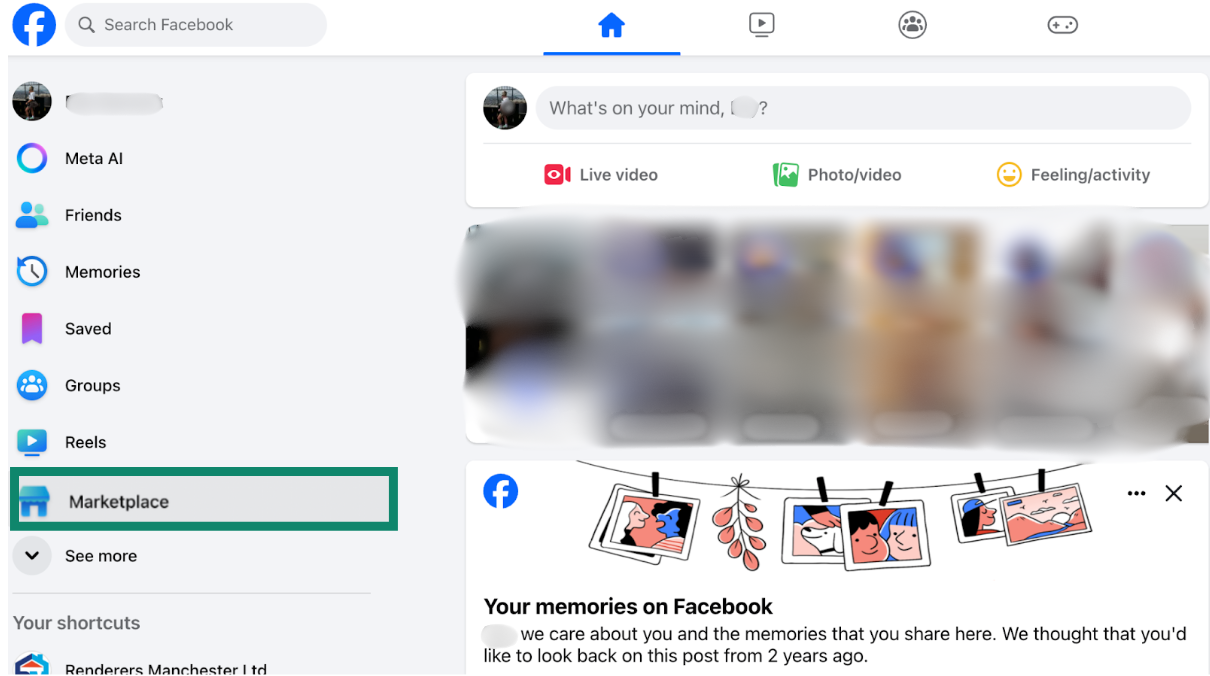 The Facebook wall with a Marketplace option highlighted.