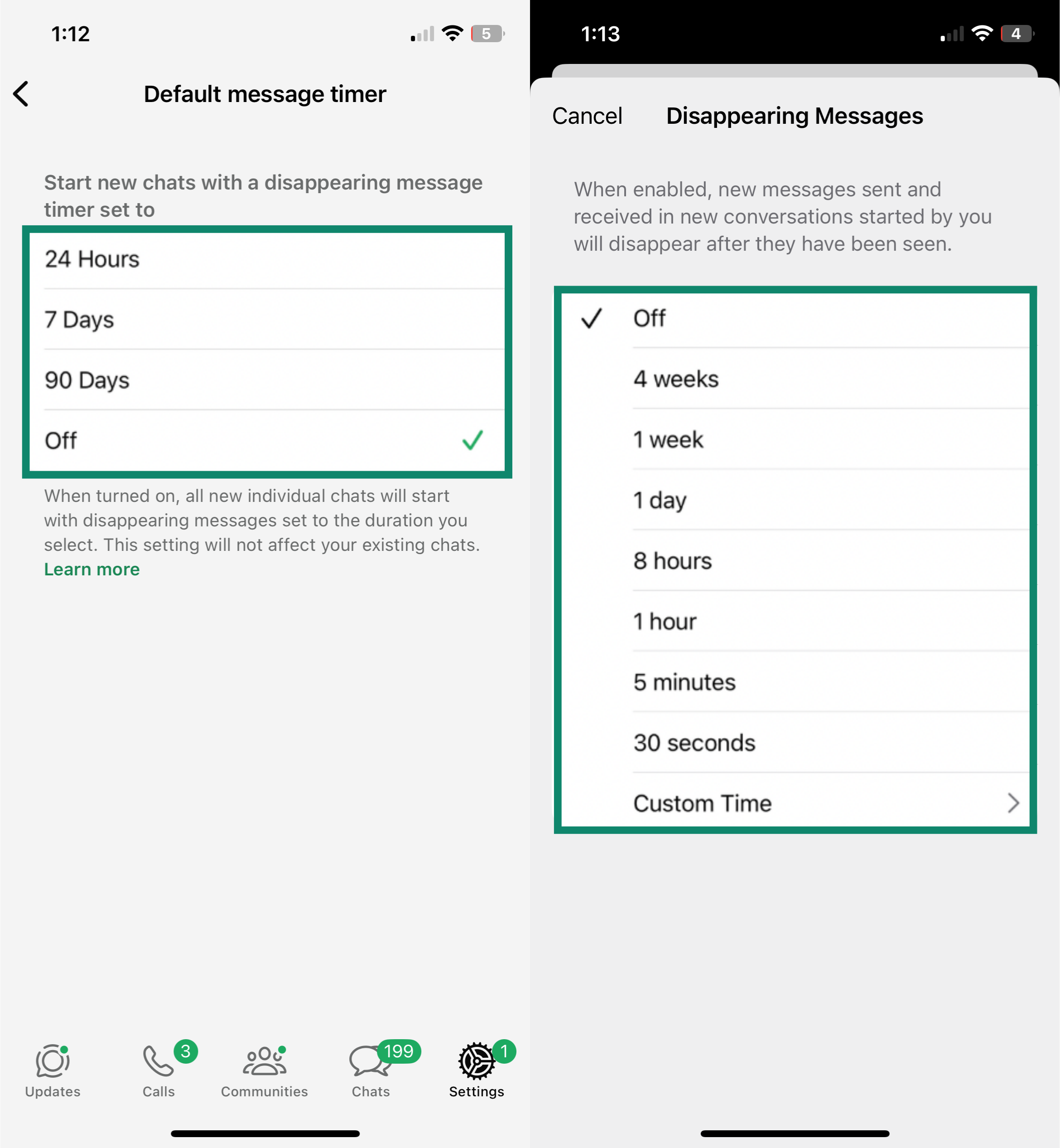 Whatsapp and Signal’s disappearing messages settings, with Signal having more extensive options.