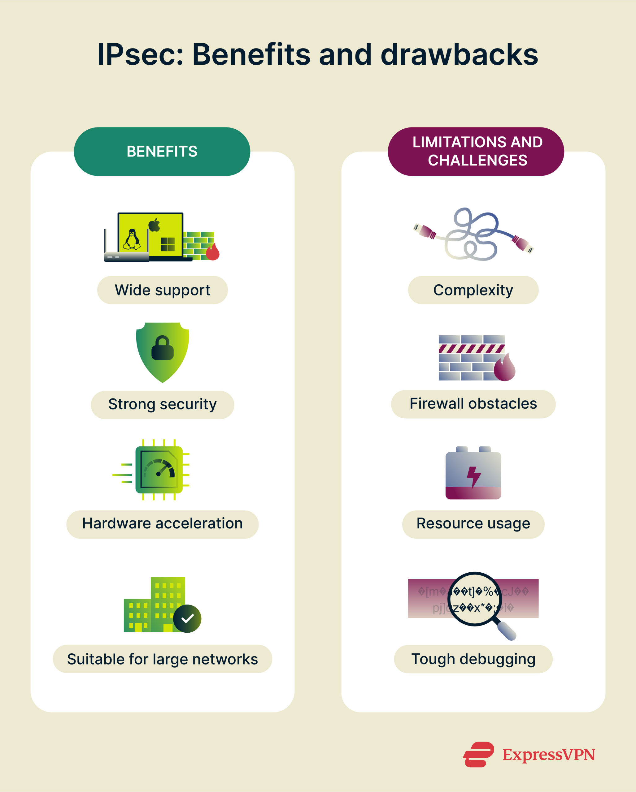 Visual showing the benefits and drawbacks and limitations of IPsec.