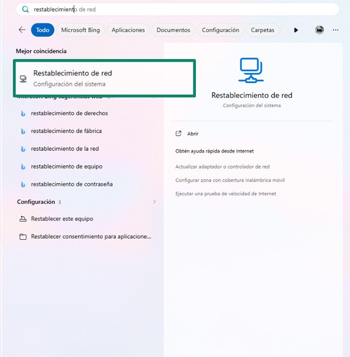 A Windows interface showing a search for network reset, with the result highlighted.