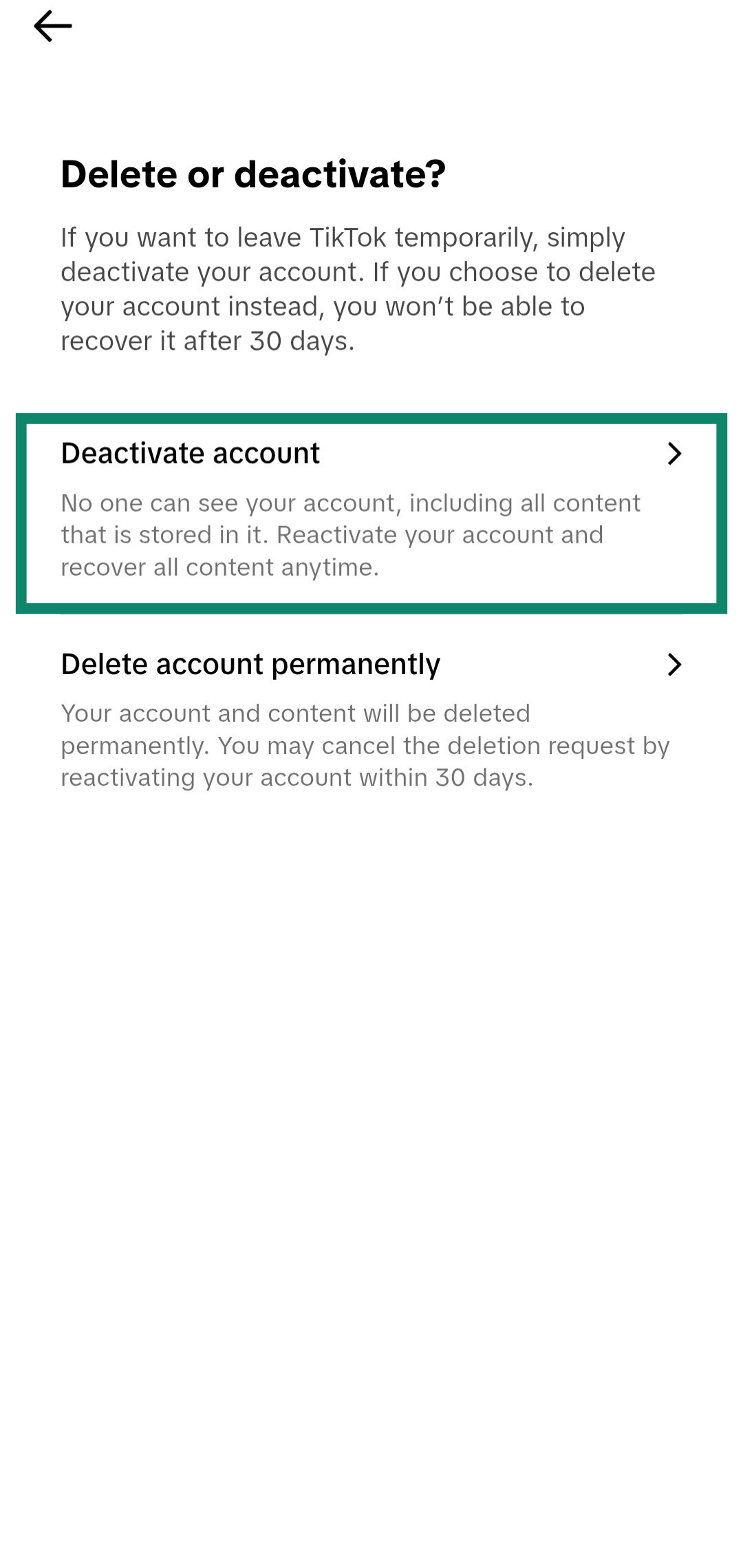 Screenshot showing how to deactivate a TikTok account instead of deleting it