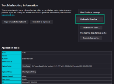 A screenshot of the Troubleshooting Information page in Firefox, showing the Refresh Firefox option.