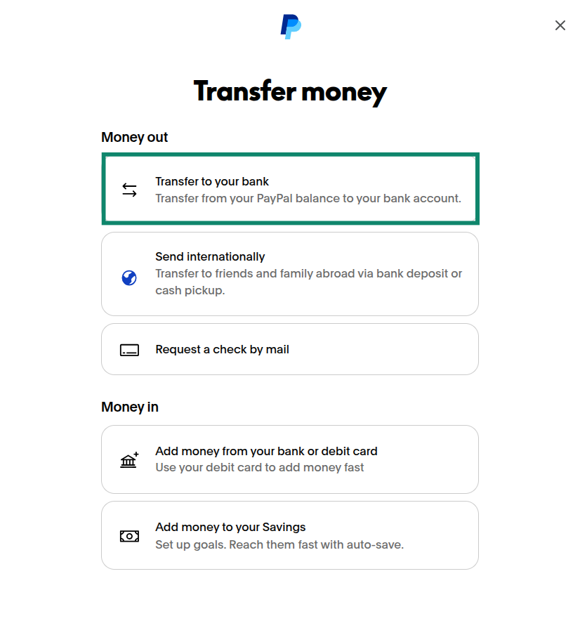 PayPal's transfer screen, with the 