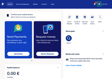 PayPal profile, showing the "Settings" option highlighted.