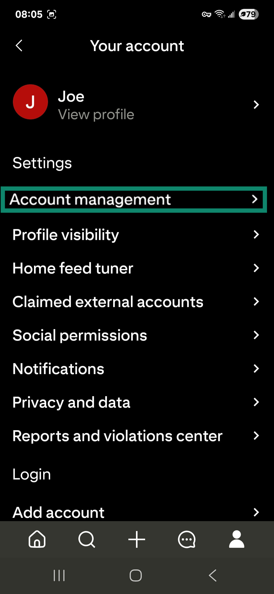 Android Pinterest app Your account menu with Account management highlighted.