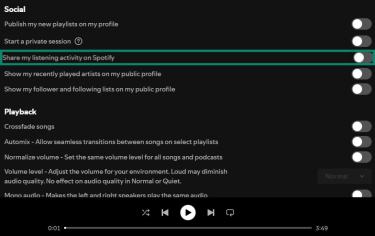 Spotify desktop app Settings menu with Share my listening activity on Spotify highlighted.