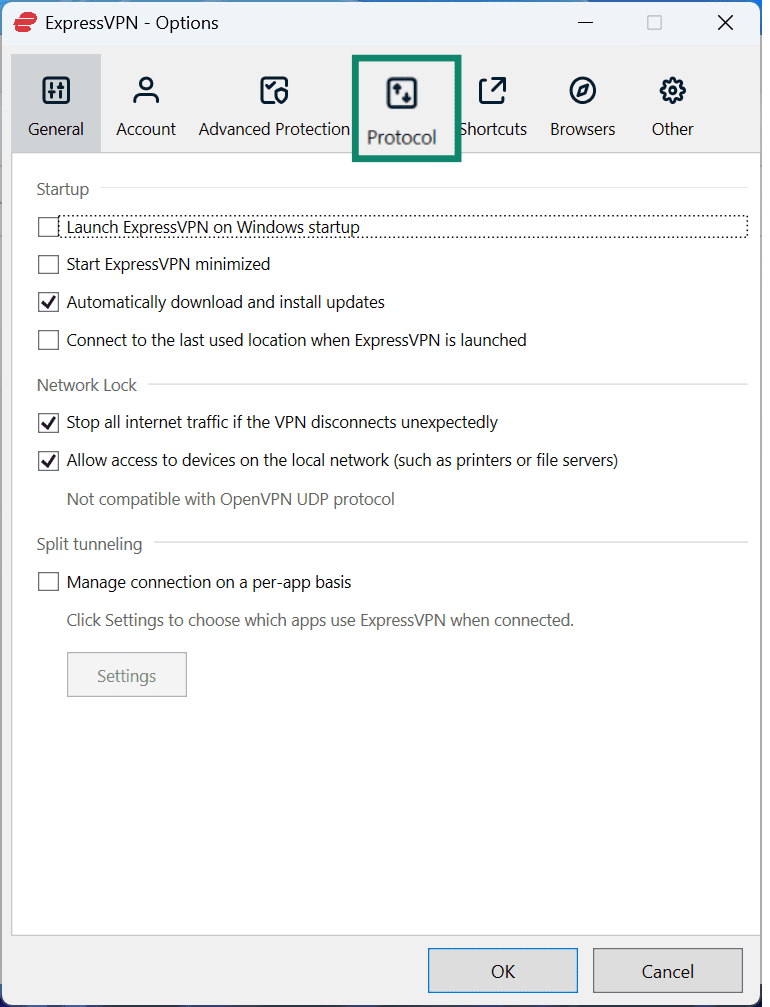 The Protocol settings on the ExpressVPN app for Windows.