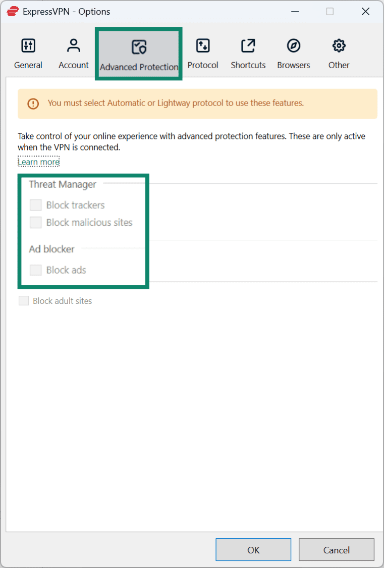 The Advanced Protection settings (Threat Manager and Ad blocker) on the ExpressVPN app for Windows.