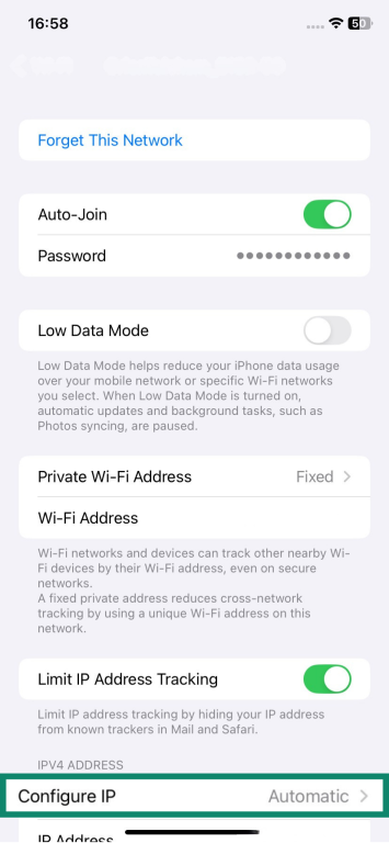 iOS Wi-Fi menu with the option to Configure IP highlighted