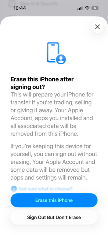 The "Erase this iPhone after signing out?" window on an iPhone.
