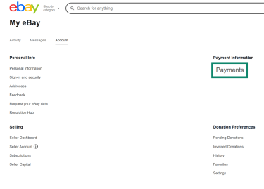 The eBay account settings area. The "Payments" option is enlarged and highlighted.