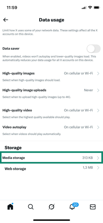 Data usage menu on X, showing "Media storage" option highlighted.