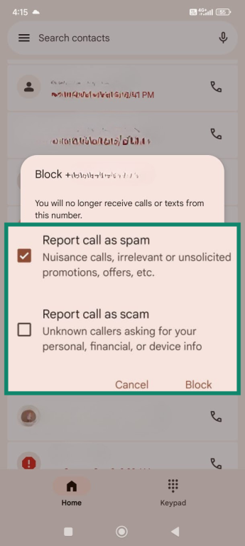 Android screen showing option to Block and report a call as scam or spam.