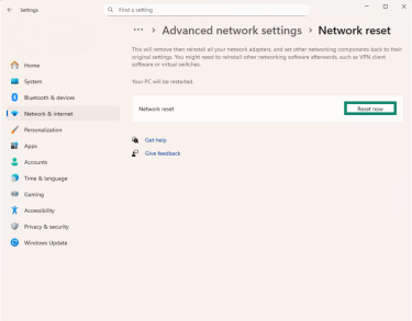 The "Reset now" button highlighted in the Network reset tab under Advanced network settings on Windows 11.