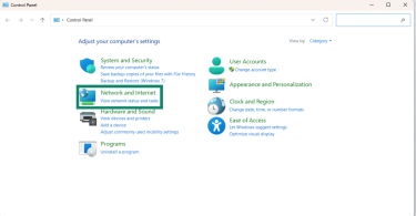The "Network and Internet" option highlighted in Control Panel.