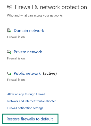 The "Firewall & network protection" menu in Windows Security, with the "Restore firewalls to default" option highlighted.