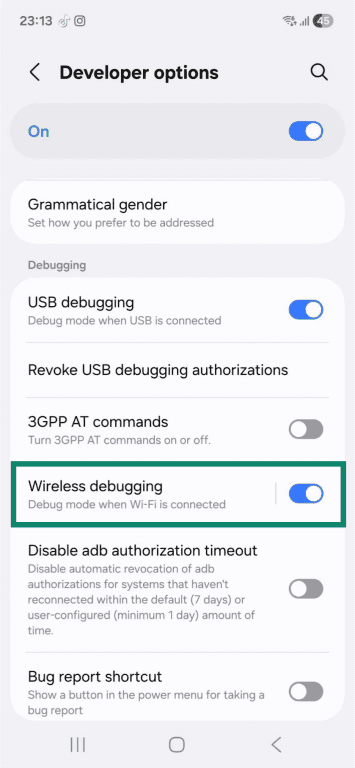 The "Developer options" page on an Android phone. The "Wireless debugging" option is highlighted and toggled on.