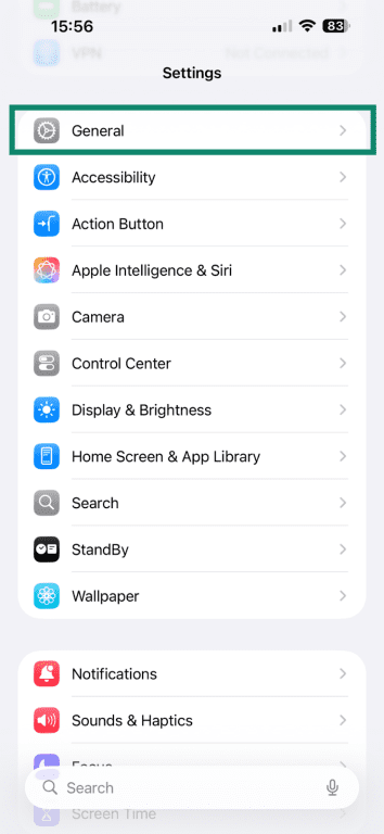 Accessing the General menu in iOS Settings app.
