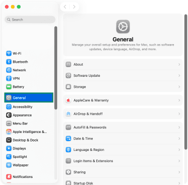 Accessing the General menu in macOS' System Settings.