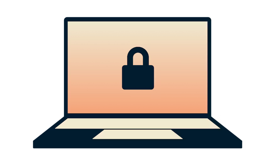 オレンジ色の背景に南京錠が付いたノートパソコン。