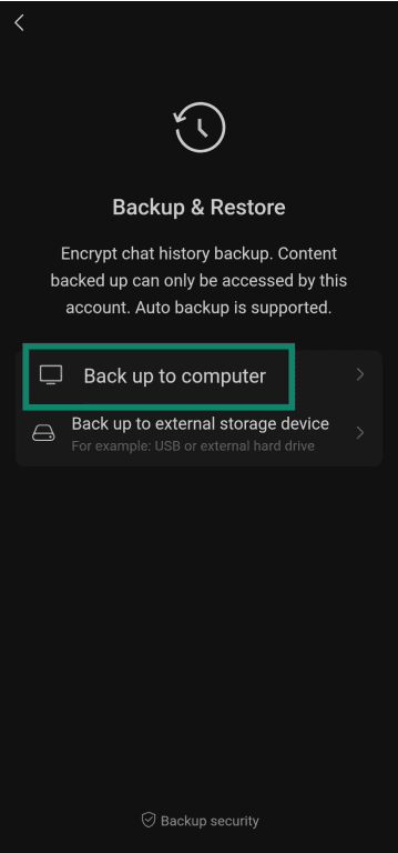 Choosing the computer backup option in WeChat's Backup and Restore menu.