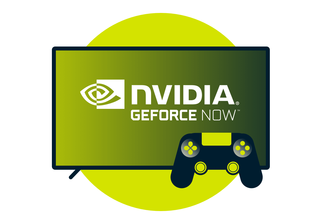 Logotipo de Nvidia GeForce Now en pantalla con un controlador
