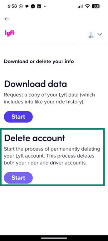 Lyft app Delete Account process page