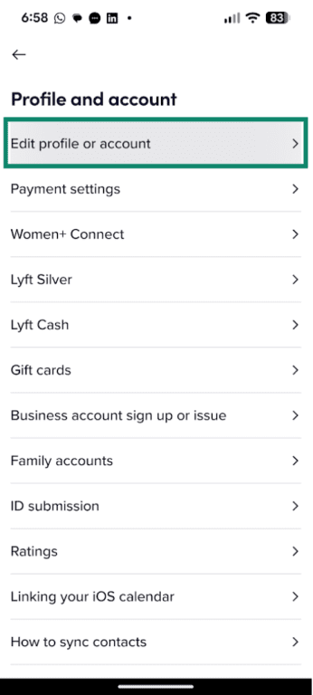 Edit profile or account option in the Lyft app.