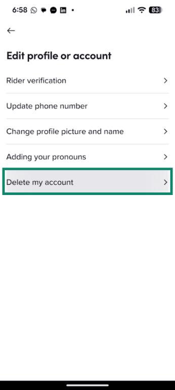 Delete my account option in the Lyft app for Android.
