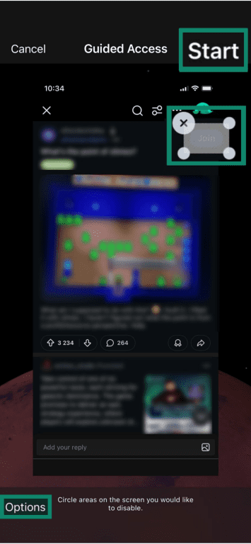 A screenshot showing how to disable partial touch input, access further options, and turn on Guided Access.