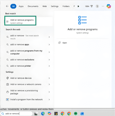 The Windows Start menu is open, with Add or Remove Programs listed.