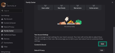 Adjusting privacy settings of a child device using Discord's parental controls.