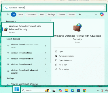 Windows search panel with Windows Defender firewall search result highlighted.