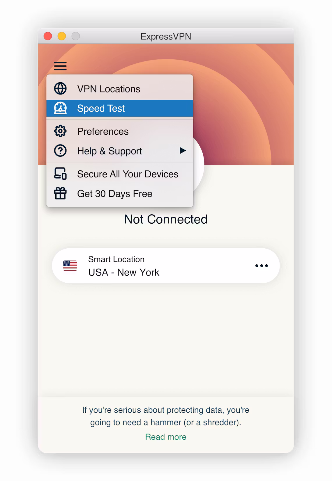 ExpressVPN arayüzünde Hız Testi'ni seçme.