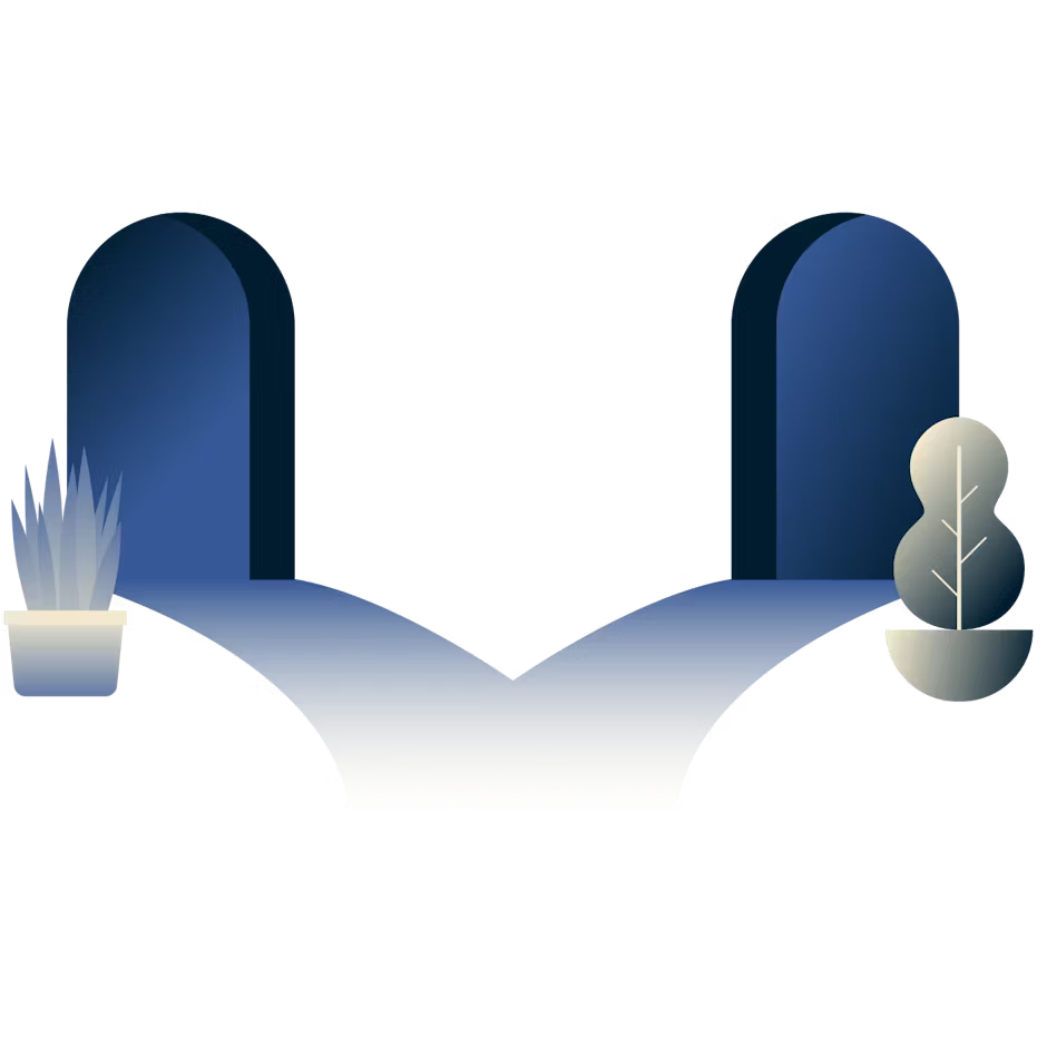 Ein Weg, der sich in zwei Türöffnungen verzweigt.