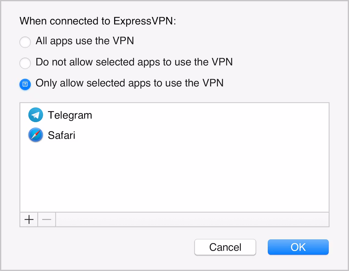 Die Oberfläche der ExpressVPN-App für Mac, die nur ausgewählte Anwendungen anzeigt, die durch das VPN geschützt sind.
