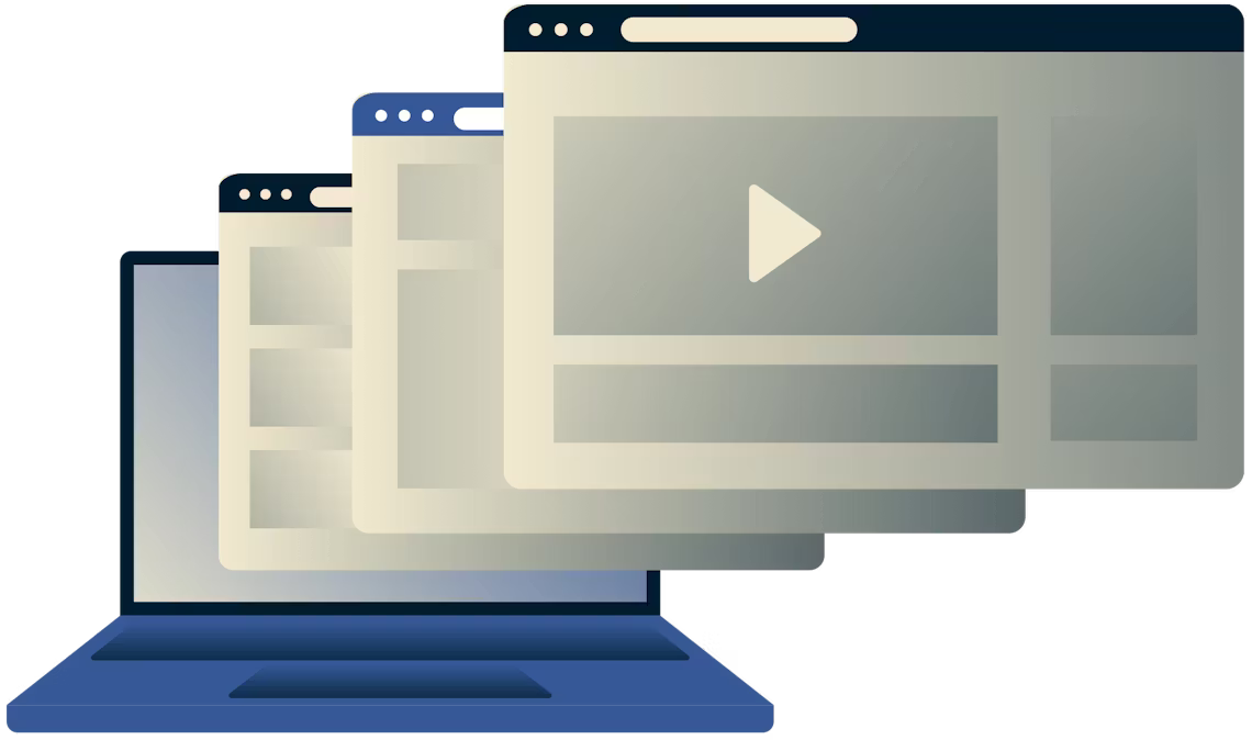 Fjern blokering af video, musik, sport og sociale medier. Bærbar computer med flere browservinduer.