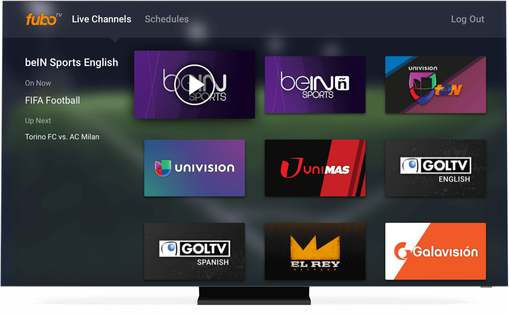 Pantalla de inicio de fuboTV en una smart TV.