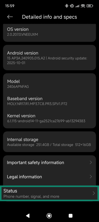 Android detailed info and specs screen, showing how to view the device's status.