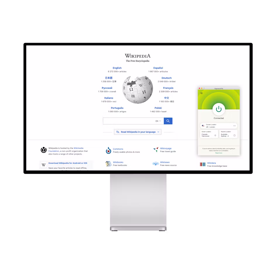 Page d'accueil Wikipédia et VPN.