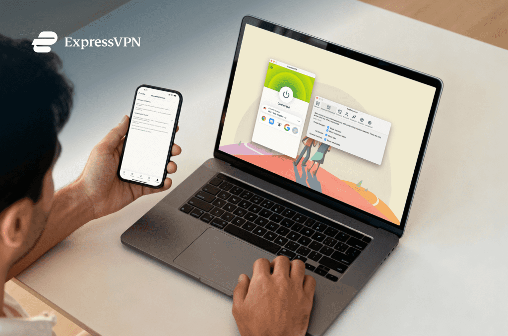 ExpressVPN app and Threat Manager feature running on laptop next to worker with mobile in hand.
